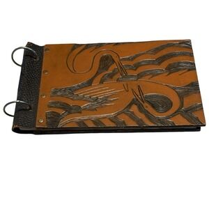 Carved Wood Album Heron Crane Leather Spine Guest Book Art Deco Pyrography MCM